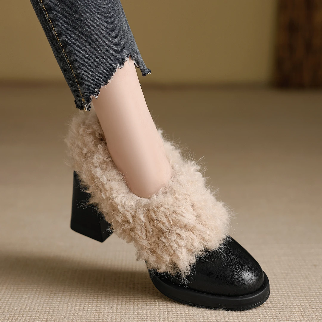 小个子手工女鞋7.5cm~小众时尚方头拼接单鞋复古风百搭粗跟毛毛鞋