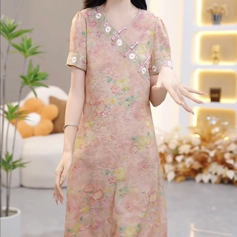 高级金丝提花优雅气质刺绣礼服裙女2025夏季新款新中式显瘦连衣裙