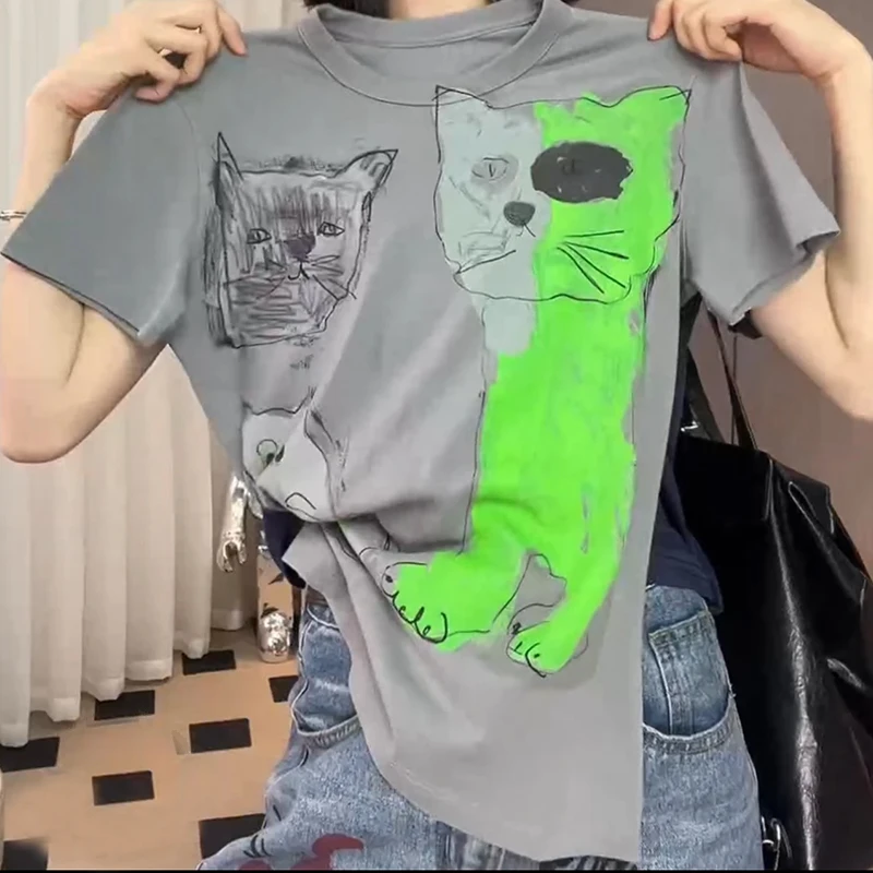 2025年春夏季新款艺术猫咪减龄小众别致小个子休闲百搭短袖T恤女