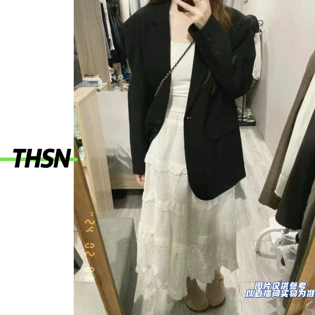 THSN定制大码女装宽松中长款正肩西服外套+高腰花边蛋糕裙233/235