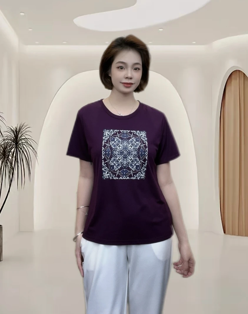 25年印花休闲短袖女小衫大码宽松气质时尚百搭半袖春夏纯棉