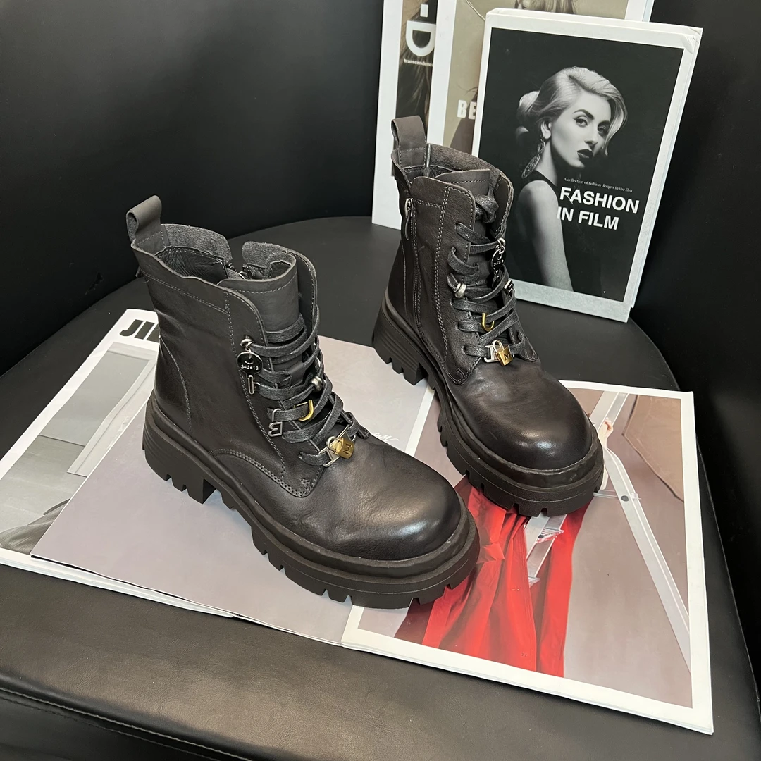 陈老板-牛皮3.5公分/复古高奢水洗圆头短靴女鞋百搭秋冬靴子603