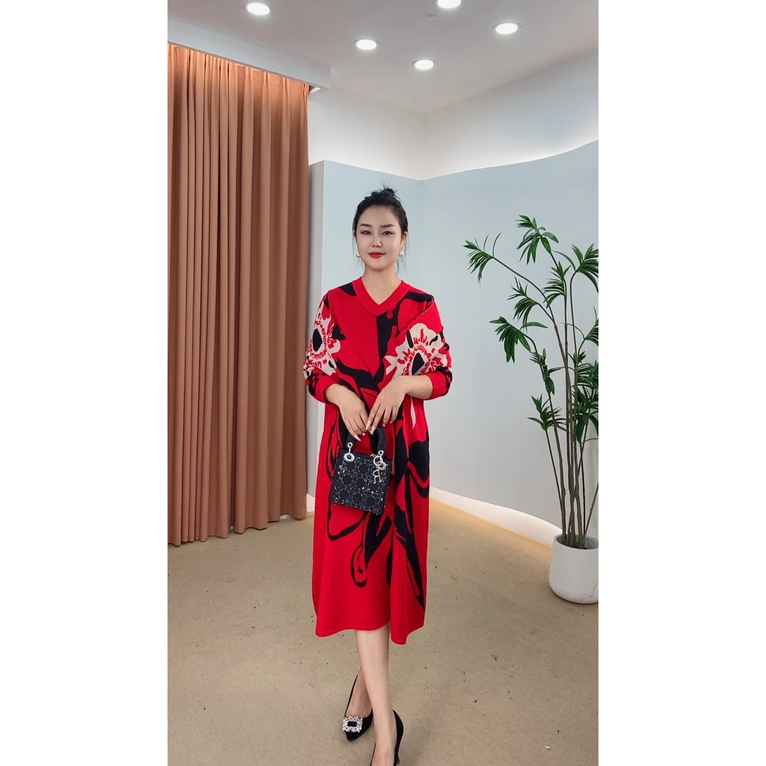 785秋冬季时尚针织提花长袖长款百搭连衣裙显瘦妈妈装