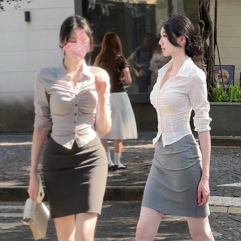 【韩女秘书】简约单排扣褶皱修身显瘦温柔掐腰长袖衬衫女 6702#