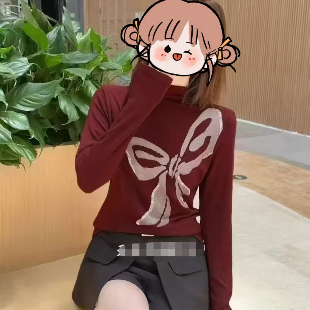 蝴蝶印花长袖半高领蝴蝶结3D秋衣红色套头打底衫网红