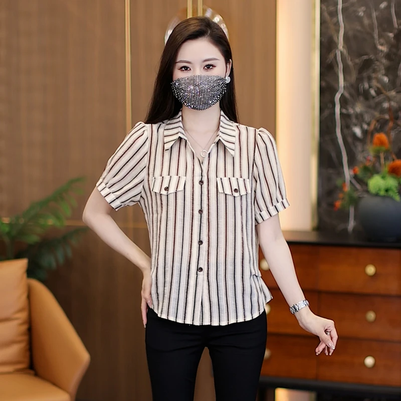 条纹半袖衬衫上衣洋气时尚夏季透气雪纺衫宽松百搭气质衬衣小衫