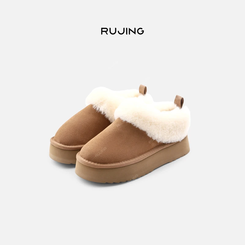 RUJING丨黑标【毛茸茸】三防工艺高丝光牛反绒羊毛厚底毛绒雪地靴-2