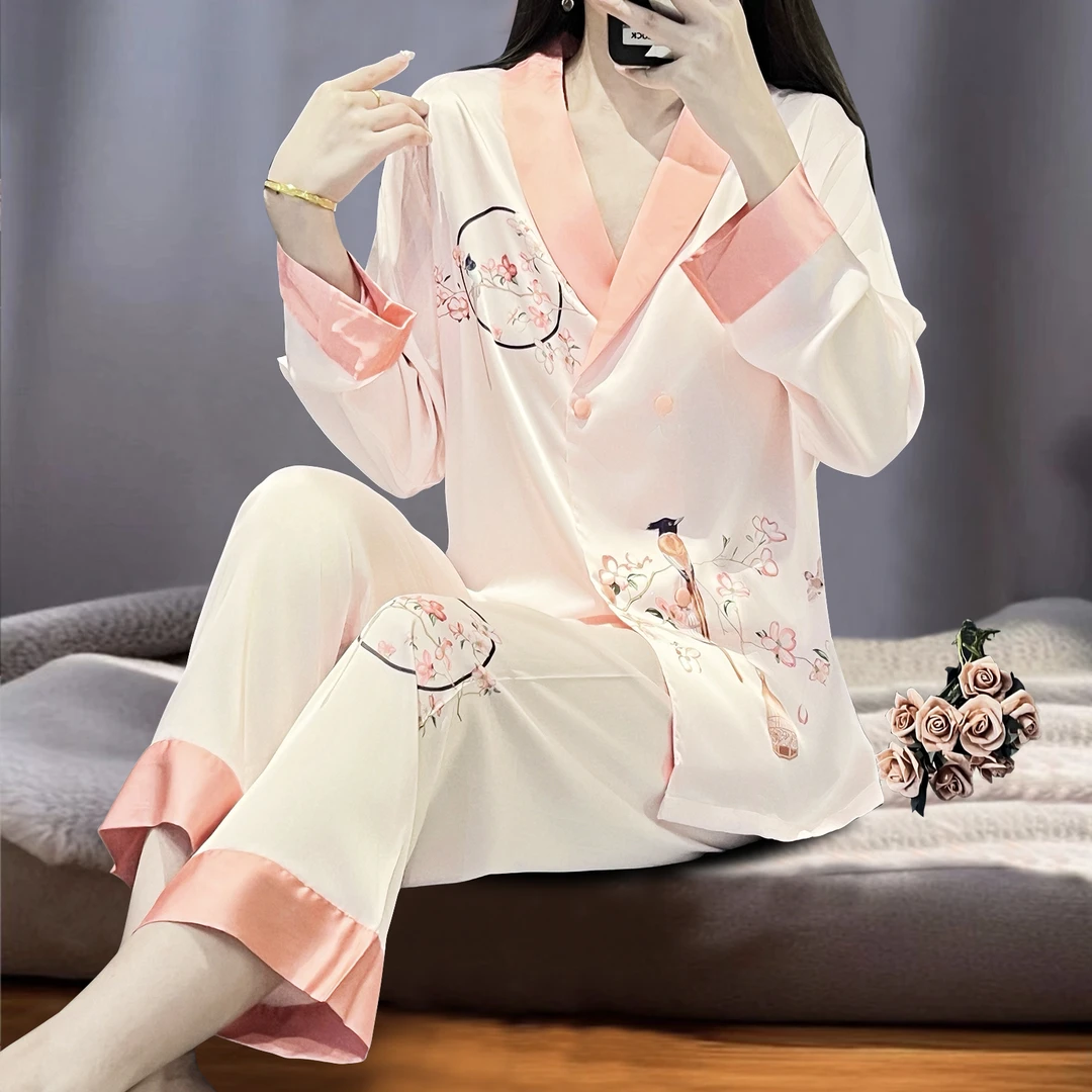 睡衣女春秋季冰雪丝国风印花大翻领开衫长袖长裤家居服两件套套装