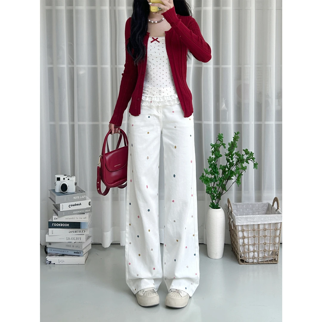 个性小花朵刺绣阔腿牛仔裤女2025秋季爆款高腰宽松直筒垂感拖地裤