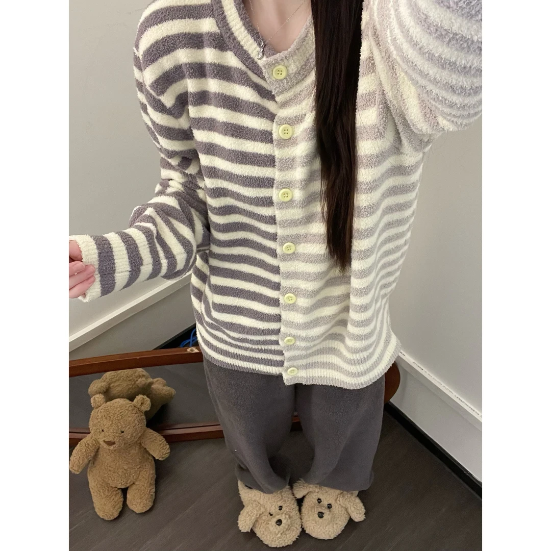 甜美简约慵懒撞色条纹半边绒睡衣女秋冬新款长袖可外穿家居服套装