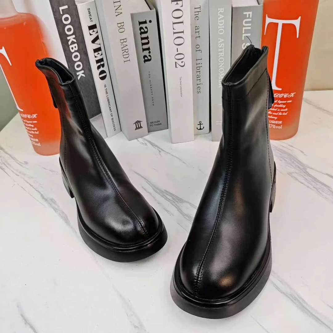 防水台女后拉链马丁靴秋冬百搭平底ol女款时装靴圆头厚底加绒2309