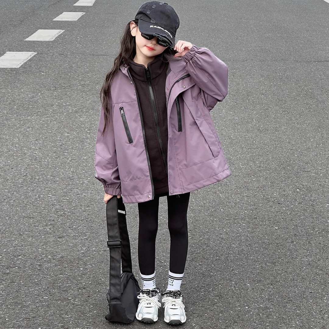 冲锋衣外套女童女孩新款洋气超好看户外大童秋装连帽儿童上衣潮