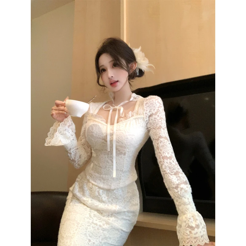 法式别致绝美绒感蕾丝收腰荷叶边上衣气质鱼尾半身长裙时尚套装女