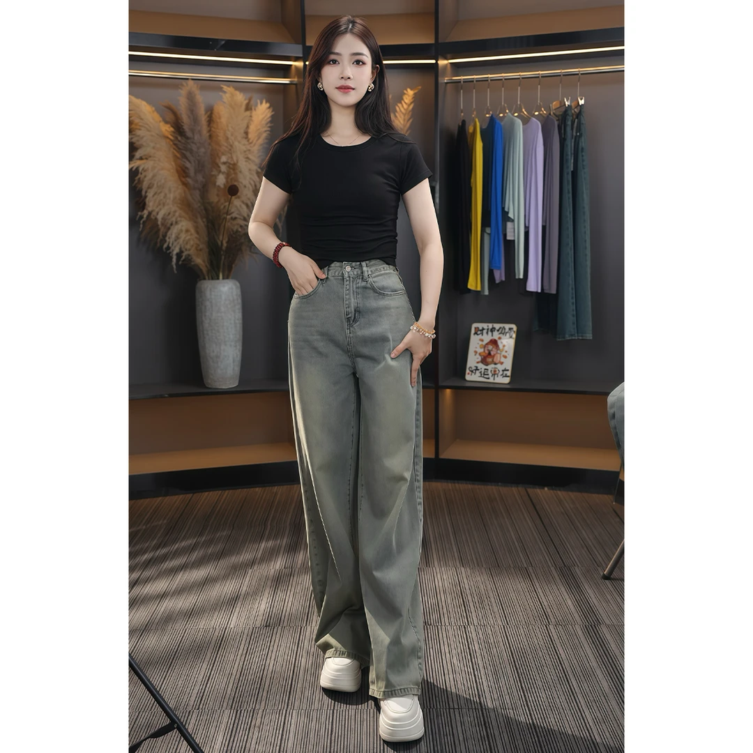 美式ins风复古怀旧色阔腿牛仔高腰气质老钱风松弛感加绒加厚女装