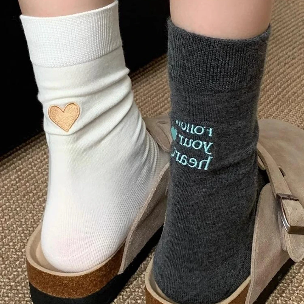 咖色袜子女堆堆袜春秋款棉搭配勃肯鞋外穿潮爱心字母中筒袜AB袜字