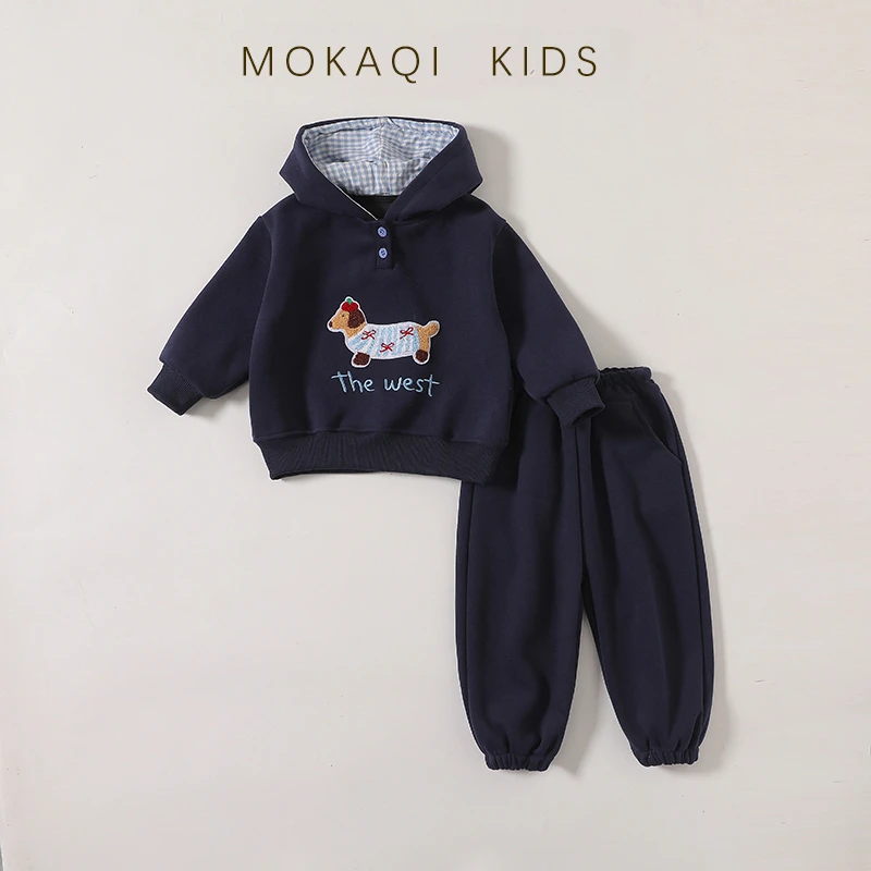 【加绒连帽】2025秋冬新款洋气刺绣腊肠狗韩版时尚男女童连帽套装