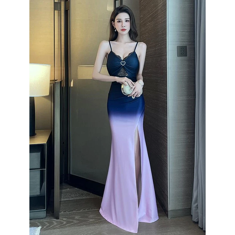 新款KTV吊带晚礼服气质修身显瘦渐变色连衣裙K歌足浴桑拿技师工服