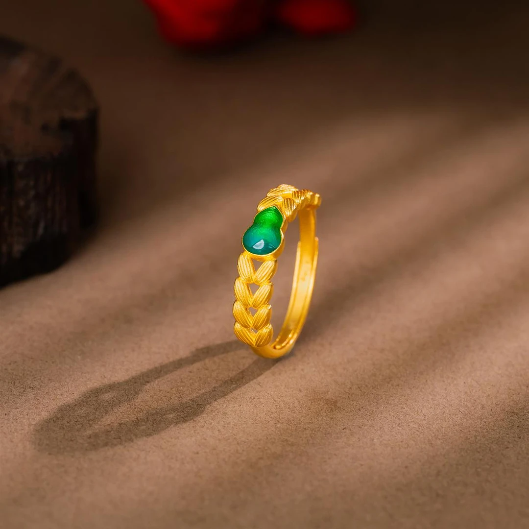 ZOCAI/佐卡伊【传世之美】古法黄金戒指珐琅彩葫芦麦穗开口戒