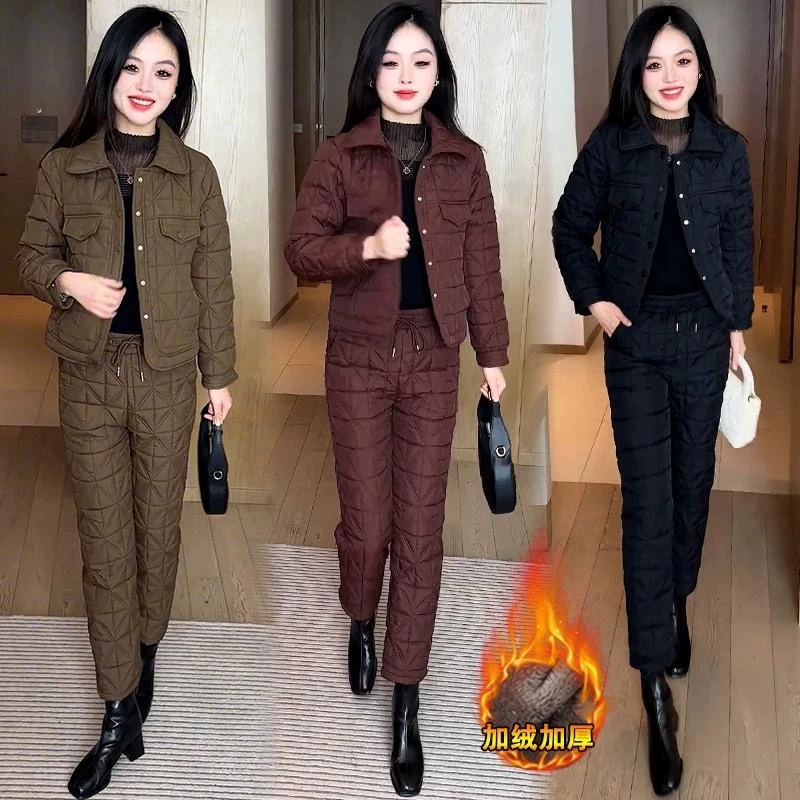 加绒加厚套装2025冬季新款潮牌女装洋气显瘦菱形格棉衣棉裤两件套
