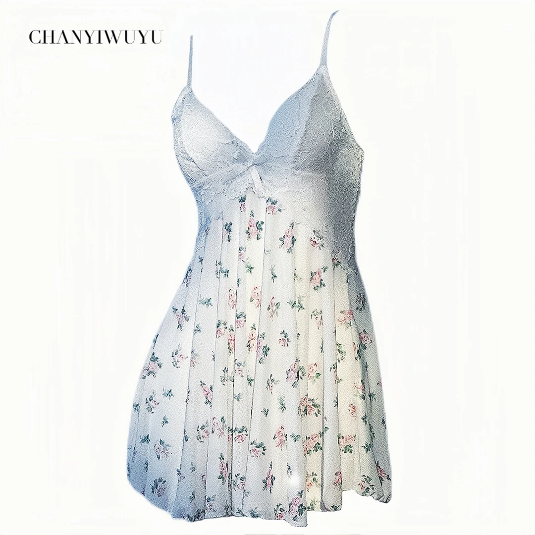 CHANYIWUYU/性感大码睡裙深V网纱蕾丝纯欲透视吊带女士睡裙04316