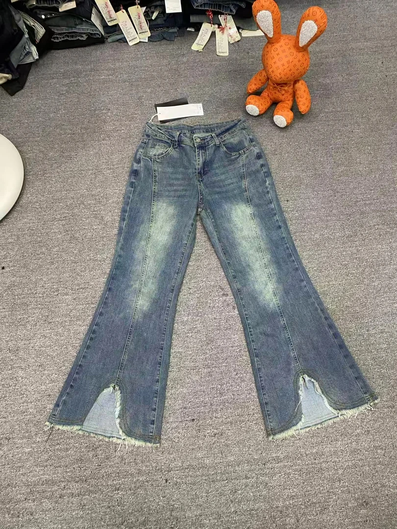 2392 弹力 毛边开叉喇叭裤