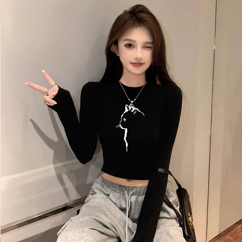 早秋季爵士舞长袖t恤女装新款黑色内搭打底衫修身高腰短款上衣