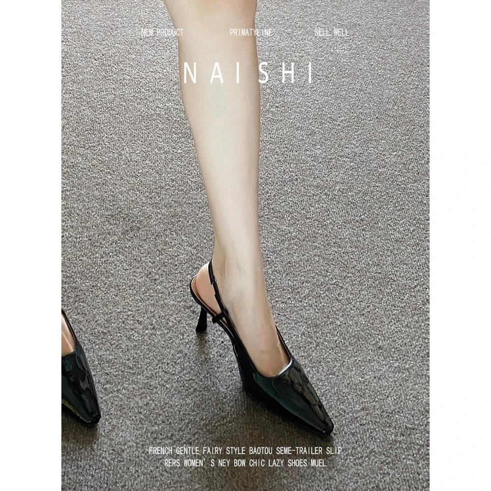 羊皮版！黑色漆皮包头凉鞋女后绊带尖头法式高跟鞋简约气质单鞋鐅