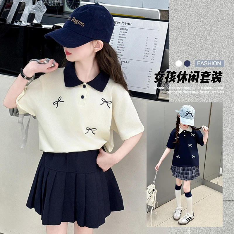 女童夏装运动套装中大童休闲蝴蝶结印花POLO衫短袖JK裙学院两件套