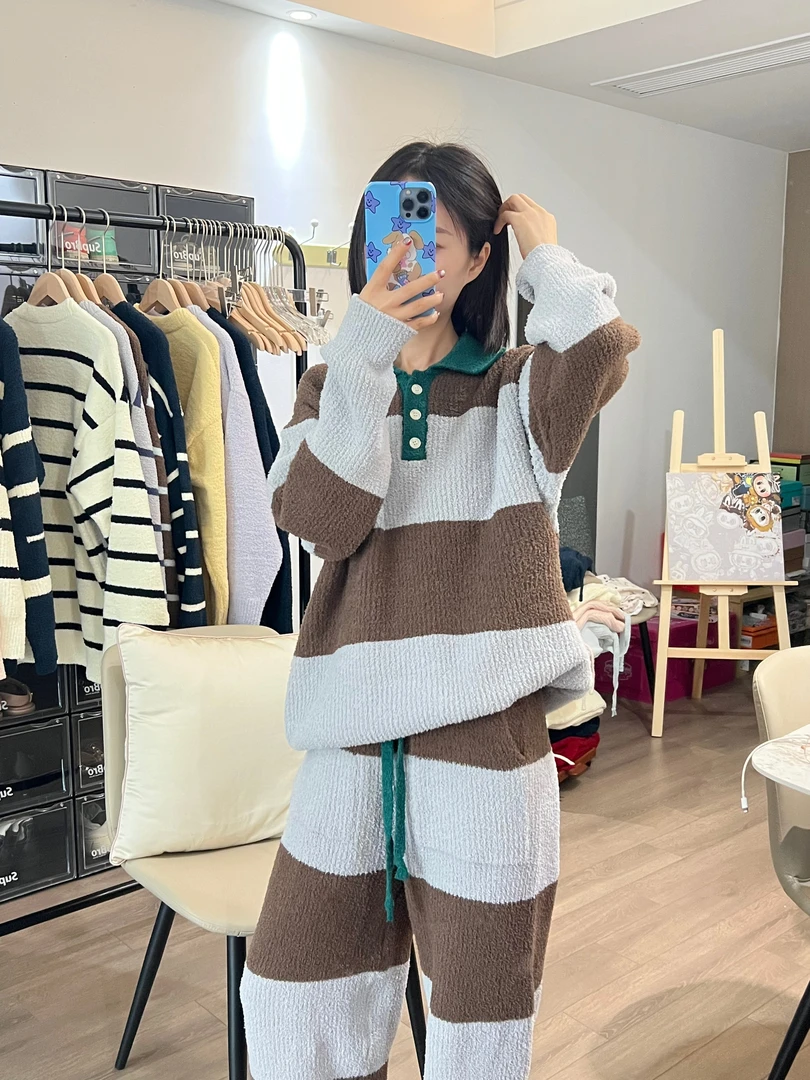 秋冬新款翻领撞色条纹半边绒睡衣可外穿情侣保暖居家服套装1313