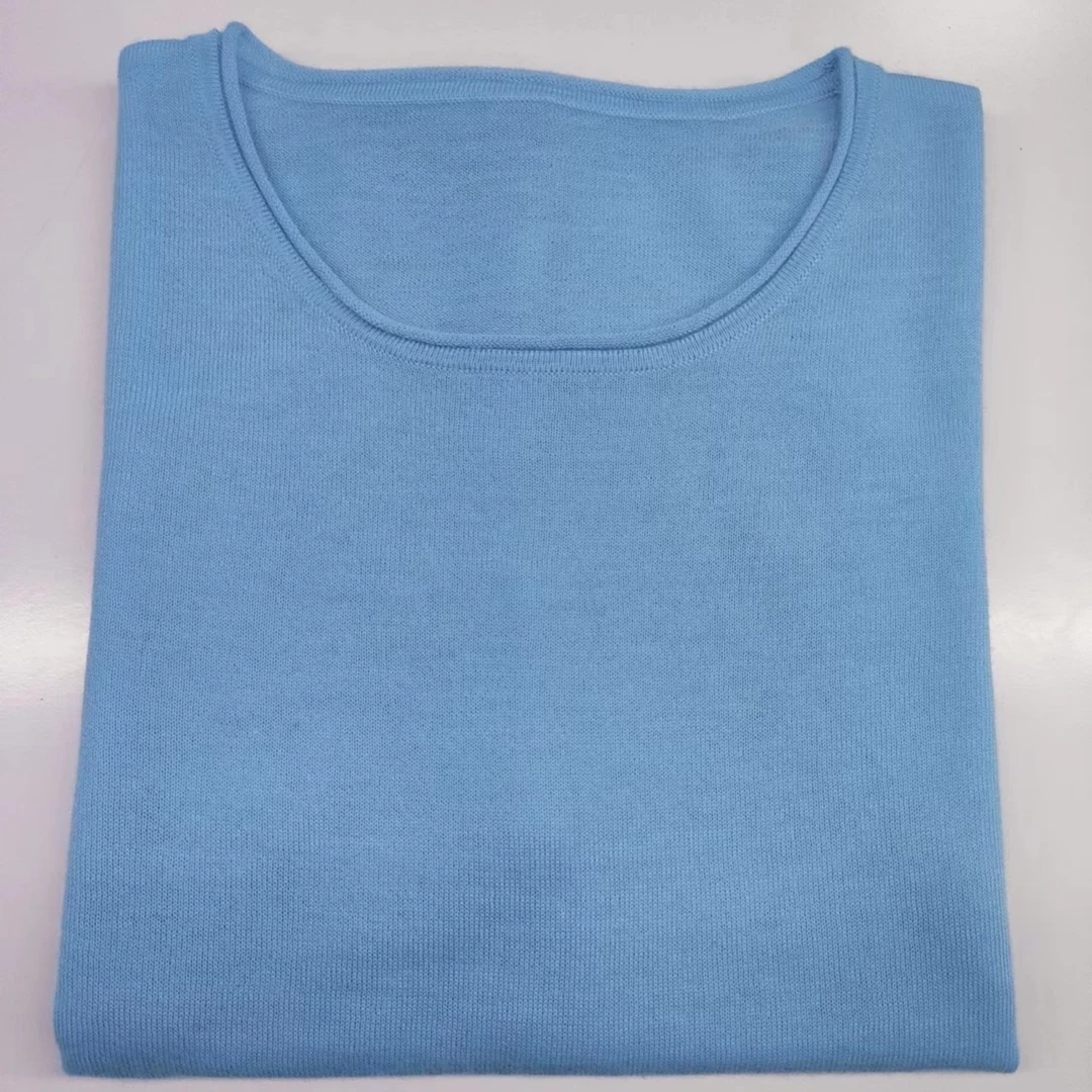 【精纺纯羊绒】80支3股精纺山羊绒衫女圆领卷边七分袖针织短袖