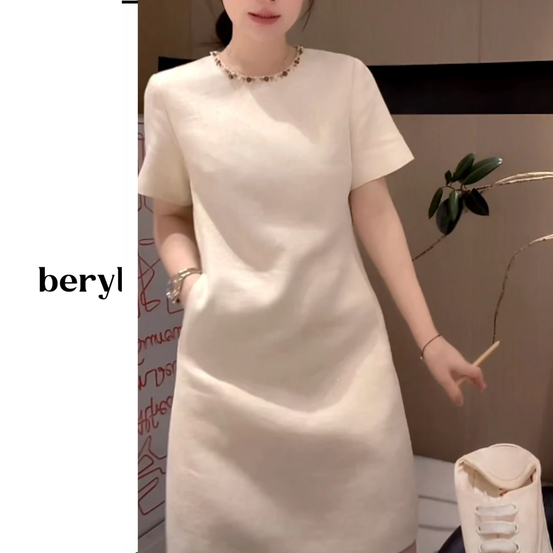 2025夏季新款高级感彩色钉珠亚麻连衣裙B8021