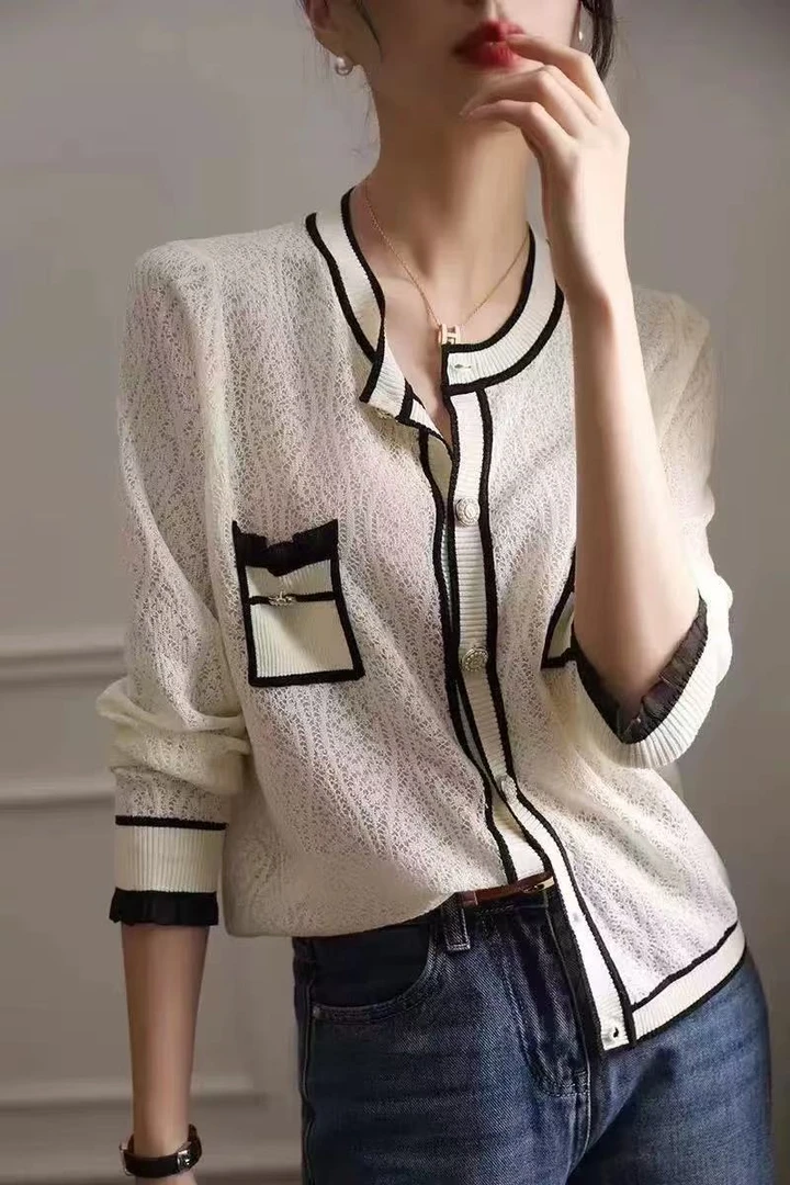 胸106-130长58黑白亮丝镂空设计长袖防晒针织上衣 1152