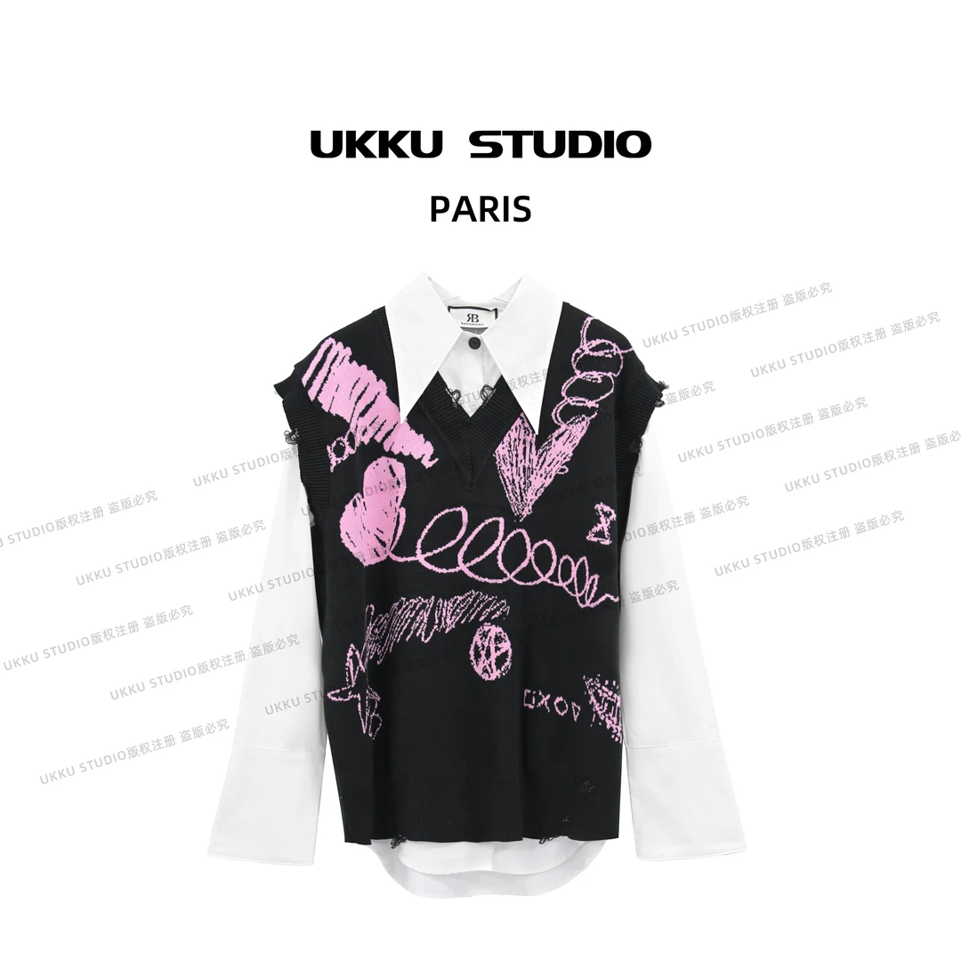 文文【UKKUSTUDIO】网红百搭时尚轻奢秋冬潮流无袖马甲毛衣213076