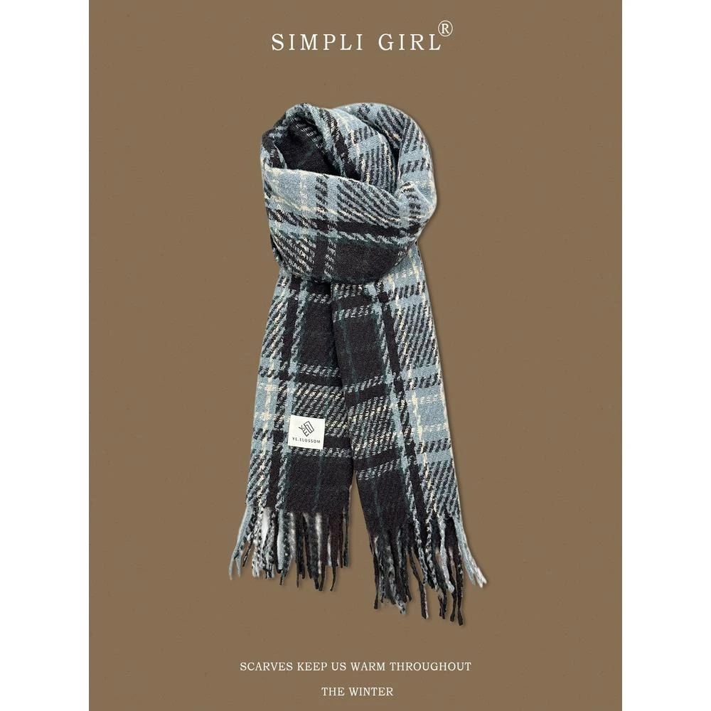 韩系格子围巾女秋冬季2025新款氛围感百搭学生保暖高级蓝色围脖男