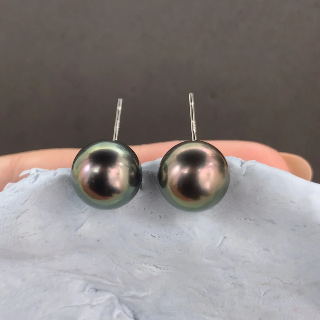 定制海水珍珠银S925镶嵌耳饰大溪地孔雀绿色9-10mm素钉