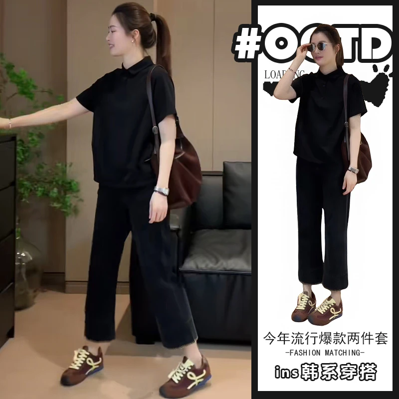 2025夏韩版气质减龄polo领短袖上衣时尚阔腿裤欧式高端大气套装潮