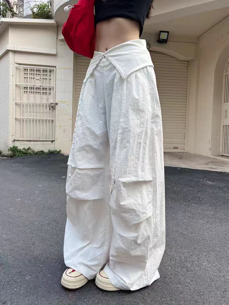 2025夏季宽松辣妹褶皱休闲美式叠穿翻边烫钻伞兵裤