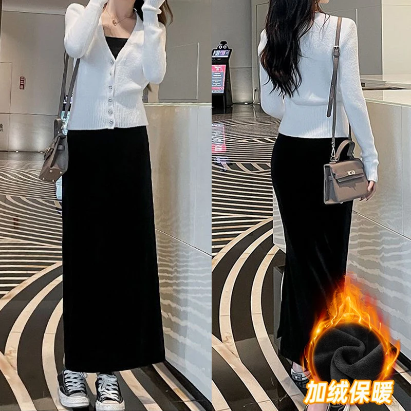 丝绒长裙黑色ins风开叉女气质包臀裙外穿百搭通勤半身裙 ZLM