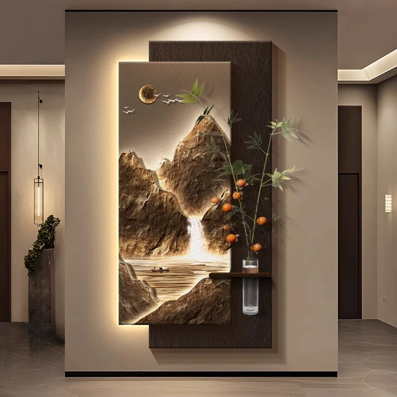 流水生贝才入户对门挂画玄关装饰画高级感山水画绿植走廊壁画灯