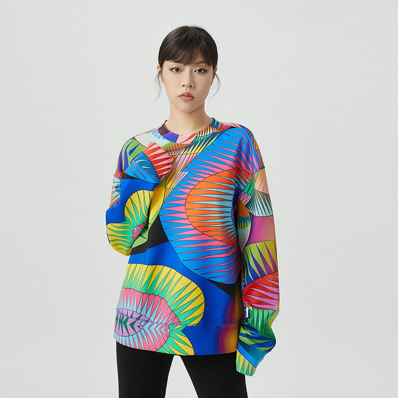 阿玛施AMASS新款女装质感圆领彩色七巧板长袖宽松休闲卫衣5300746