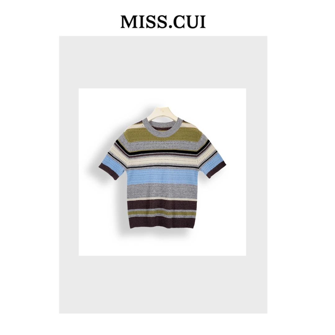 MISS.CUI 极简风穿搭 复古北欧格雷系拼色短袖毛针织衫9618