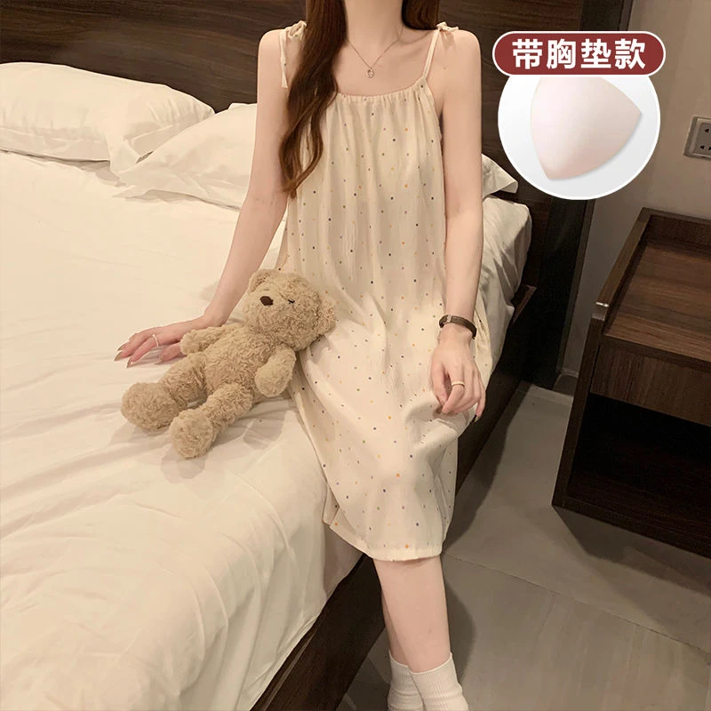 睡衣女夏季吊带胸垫睡裙可爱纯欲少女2025新款外穿过膝无袖家居服
