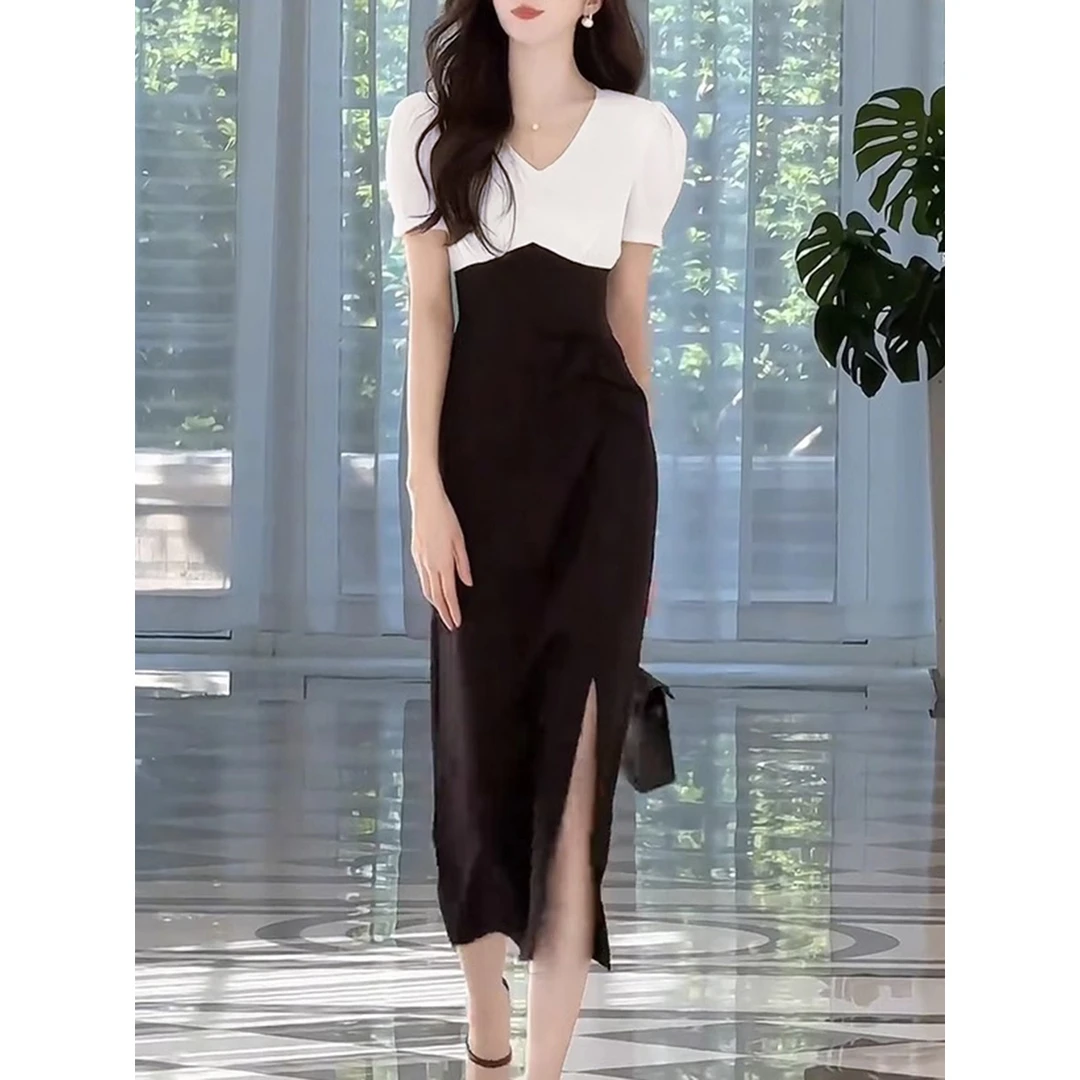 修身气质拼接开叉高级感茶歇法式开叉连衣裙JYFAHZ2024 070603