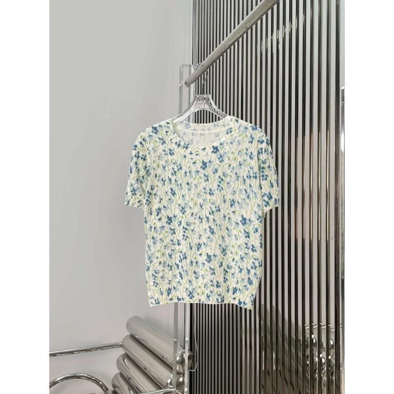 碎花印染针织衫 夏季度假风圆领短袖T恤