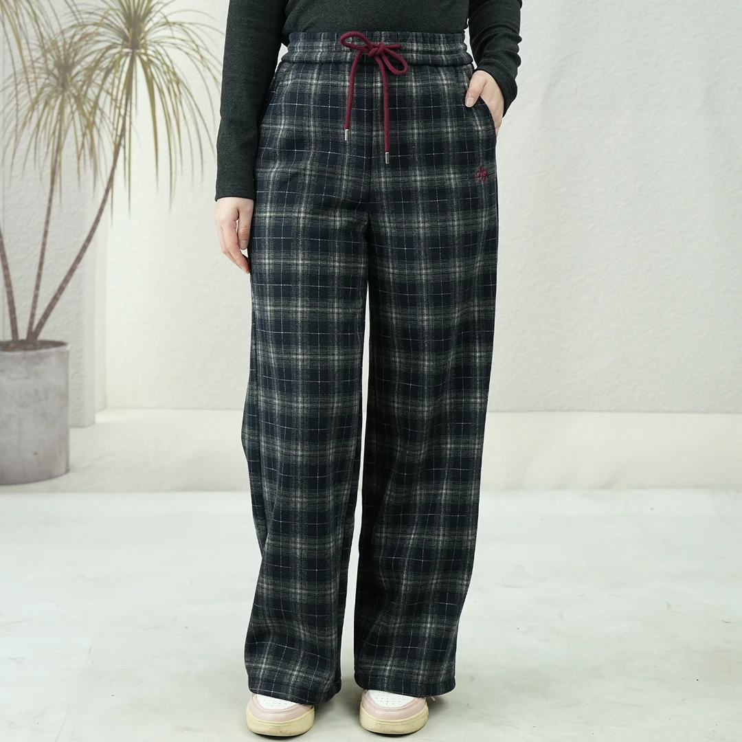 加绒复古格纹裤女加厚保暖松紧直筒阔腿宽松休闲长裤2025冬季新款