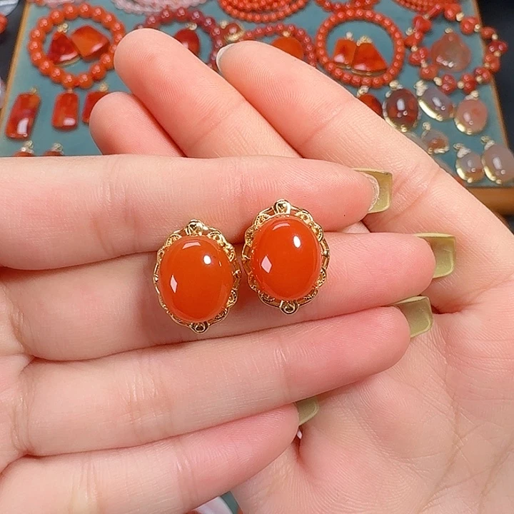 南红玛瑙银S925镶嵌耳饰