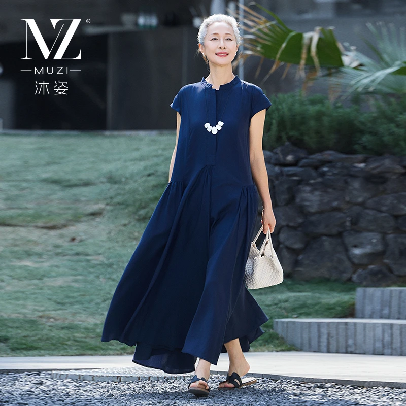 沐姿中年妈妈夏装薄款中长款连衣裙中老年女装夏季短袖透气长裙子