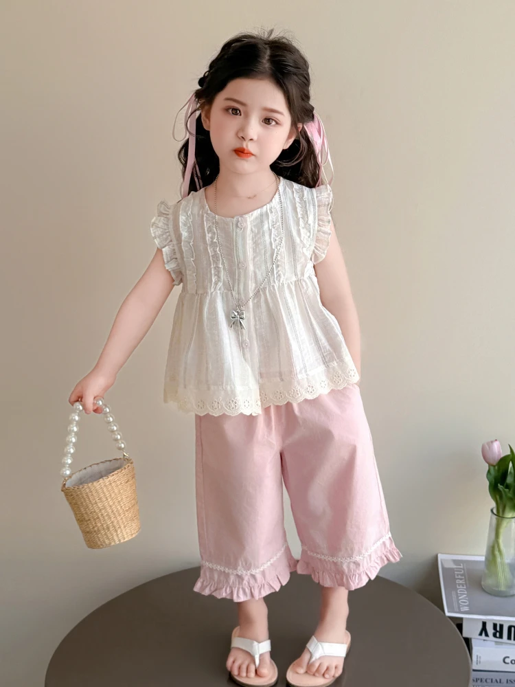 女小童飞袖套装夏季2025新款宝宝阔腿七分裤夏装小女孩薄款两件套