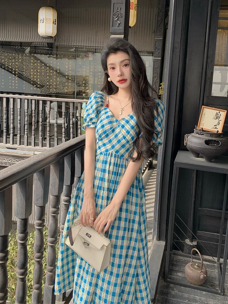 【YUNMEI】胖mm法式复古蓝色格纹连衣裙女高级感收腰显瘦泡泡袖长裙