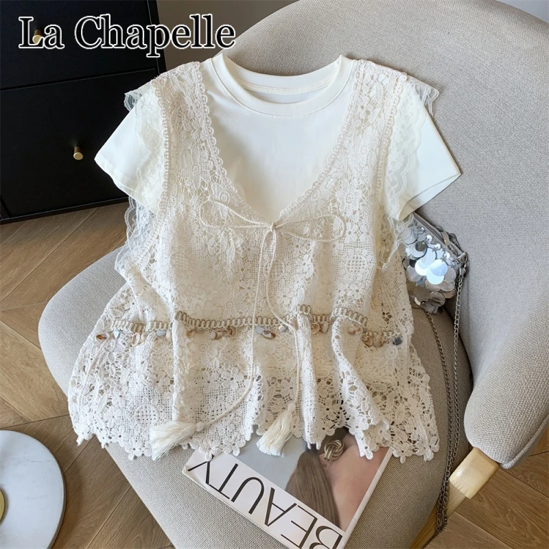 拉夏贝尔夏季新款气质蕾丝钩花镂空针织套装时尚百搭显瘦韩版上衣